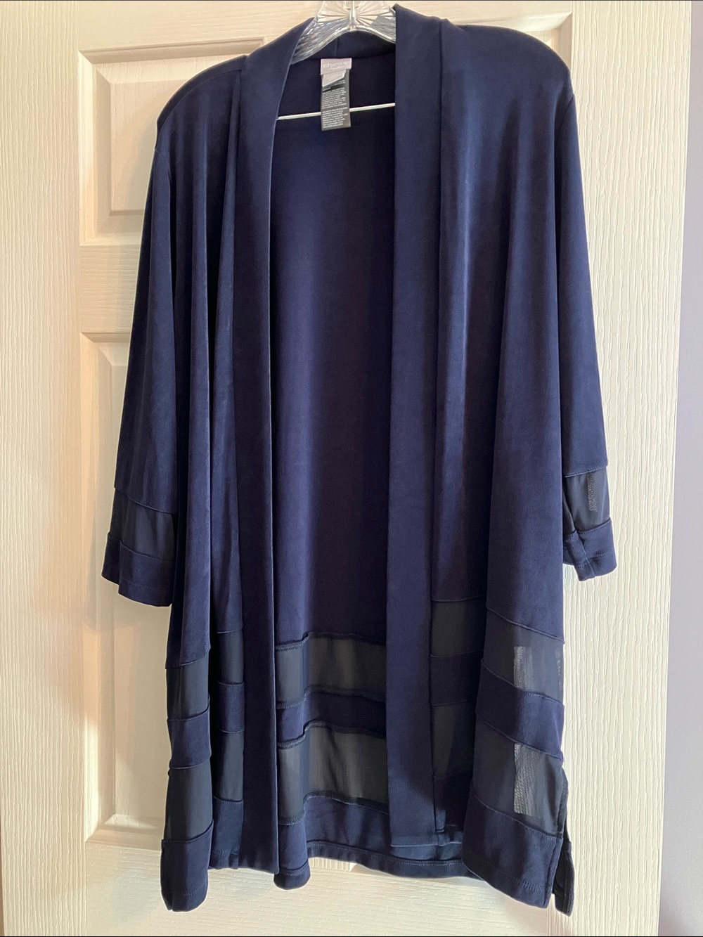 Chico's Navy Open-Front Draped Jacket with Sheer Paneling size 2